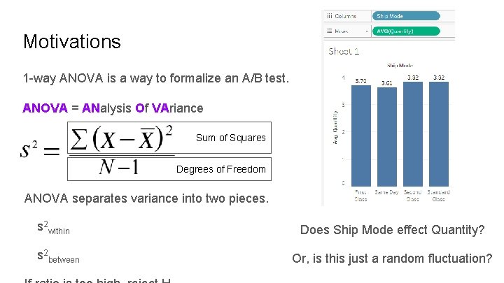 Motivations 1 -way ANOVA is a way to formalize an A/B test. ANOVA =
