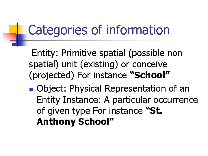Categories of information Entity: Primitive spatial (possible non spatial) unit (existing) or conceive (projected)