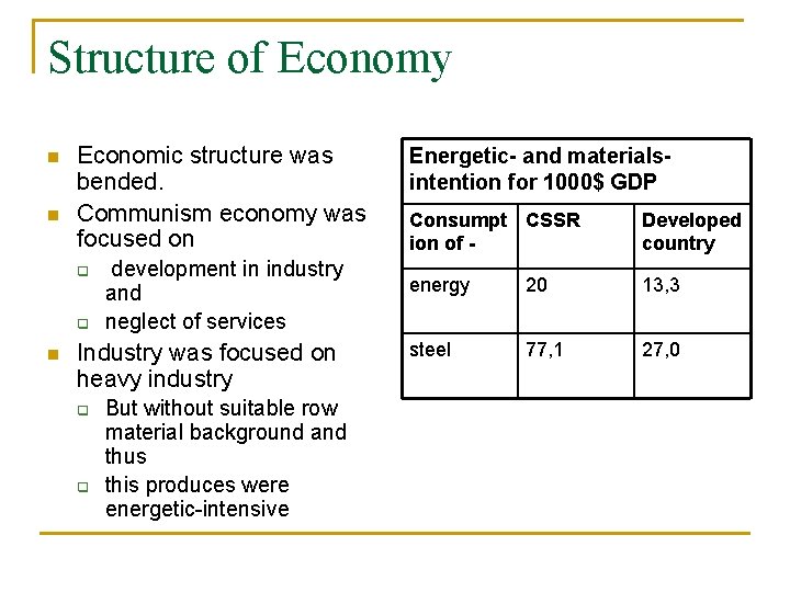 Structure of Economy n n Economic structure was bended. Communism economy was focused on
