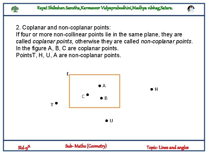 Rayat Shikshan Sanstha, Karmaveer Vidyaprabodhini, Madhya vibhag, Satara. 2. Coplanar and non coplanar points:
