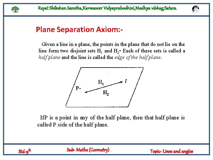 Rayat Shikshan Sanstha, Karmaveer Vidyaprabodhini, Madhya vibhag, Satara. Plane Separation Axiom: Given a line
