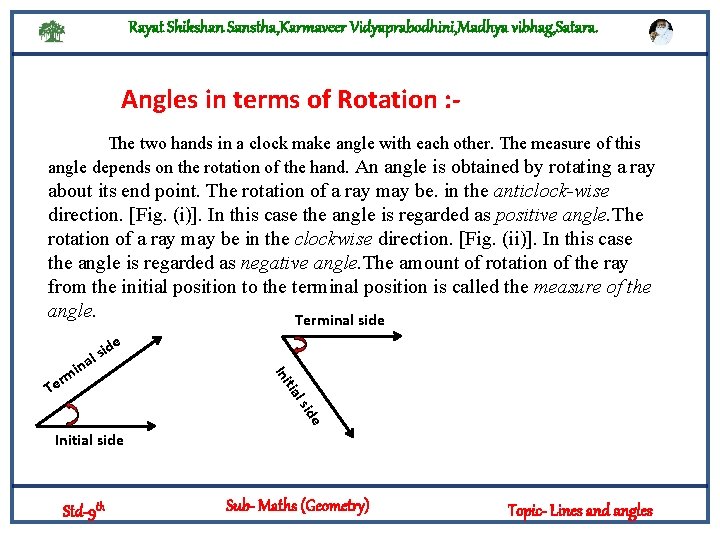 Rayat Shikshan Sanstha, Karmaveer Vidyaprabodhini, Madhya vibhag, Satara. Angles in terms of Rotation :