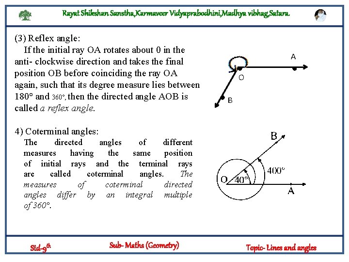 Rayat Shikshan Sanstha, Karmaveer Vidyaprabodhini, Madhya vibhag, Satara. (3) Reflex angle: If the initial
