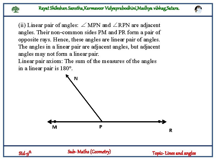 Rayat Shikshan Sanstha, Karmaveer Vidyaprabodhini, Madhya vibhag, Satara. (ii) Linear pair of angles: ∠