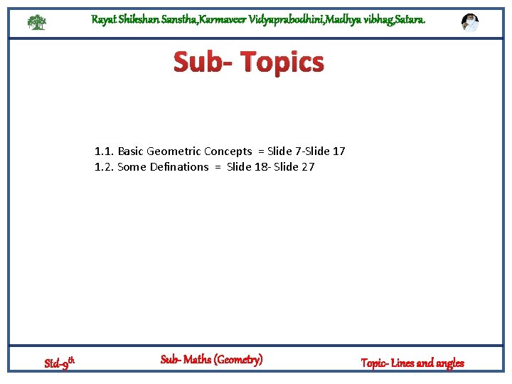 Rayat Shikshan Sanstha, Karmaveer Vidyaprabodhini, Madhya vibhag, Satara. Sub- Topics 1. 1. Basic Geometric