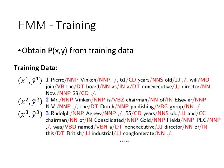 HMM - Training • Obtain P(x, y) from training data Training Data: …… 