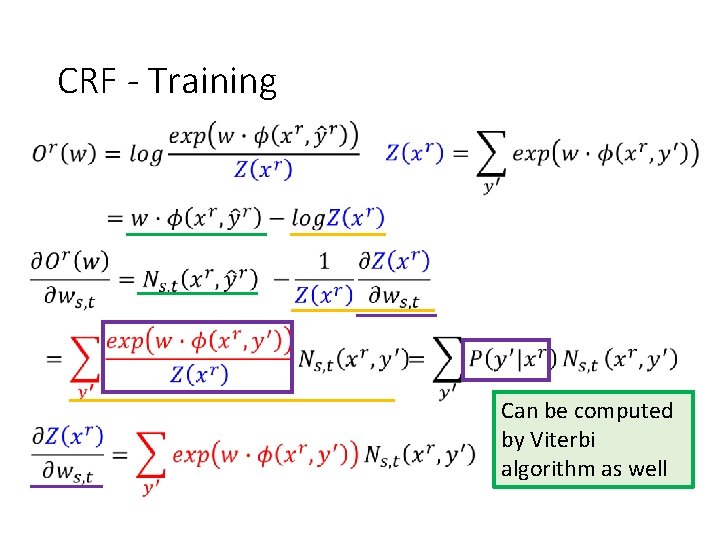 CRF - Training Can be computed by Viterbi algorithm as well 