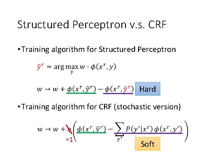 Structured Perceptron v. s. CRF • Training algorithm for Structured Perceptron Hard • Training