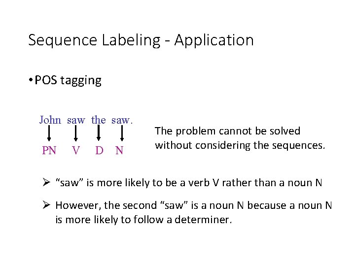 Sequence Labeling - Application • POS tagging John saw the saw. PN V D