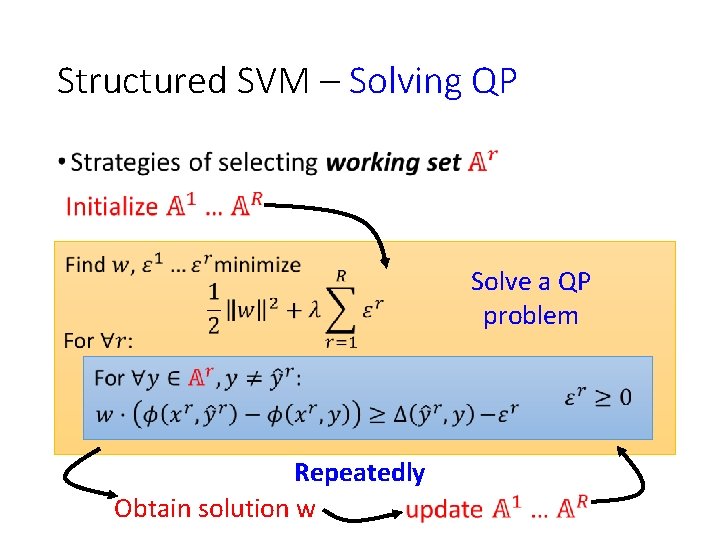 Structured SVM – Solving QP • Solve a QP problem Repeatedly Obtain solution w