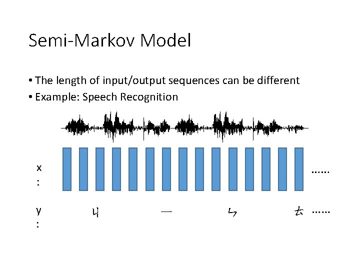 Semi-Markov Model • The length of input/output sequences can be different • Example: Speech