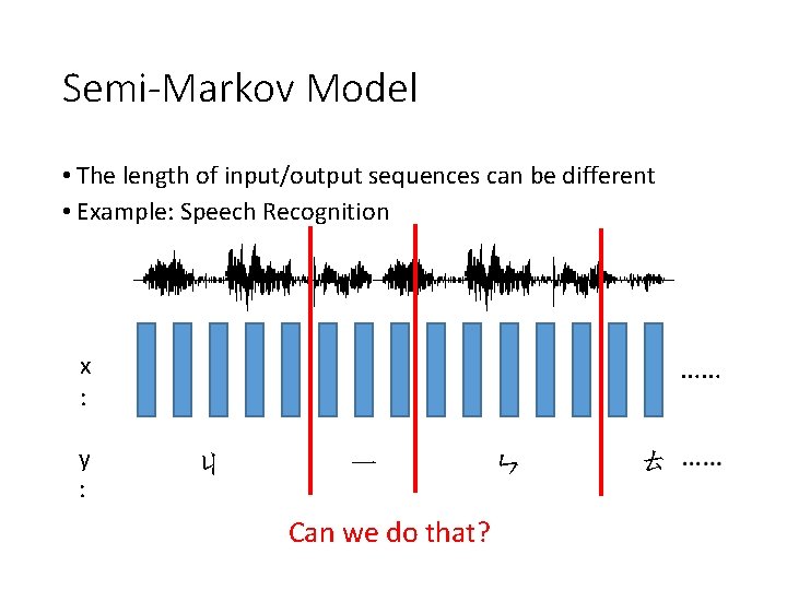 Semi-Markov Model • The length of input/output sequences can be different • Example: Speech