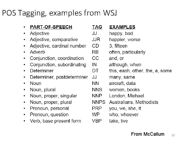 POS Tagging, examples from WSJ From Mc. Callum 97 