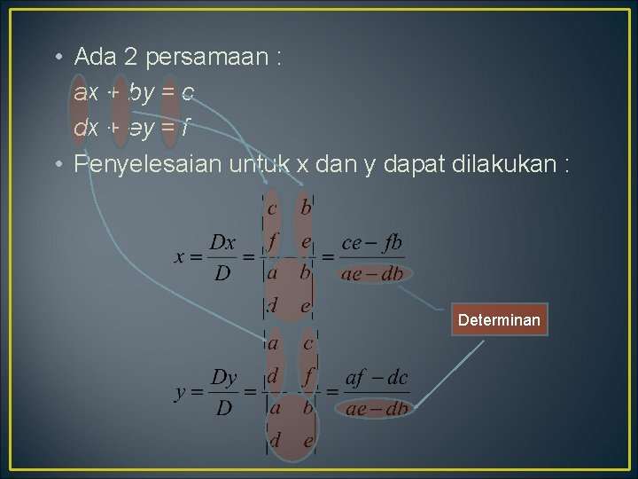  • Ada 2 persamaan : ax + by = c dx + ey