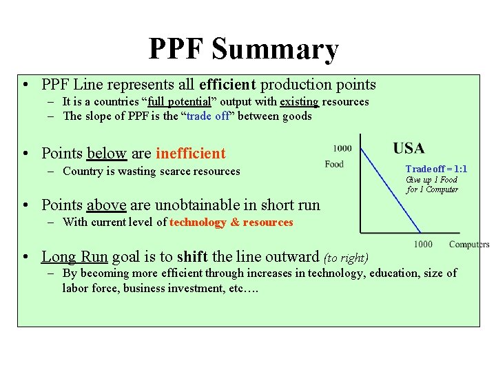 PPF Summary • PPF Line represents all efficient production points – It is a