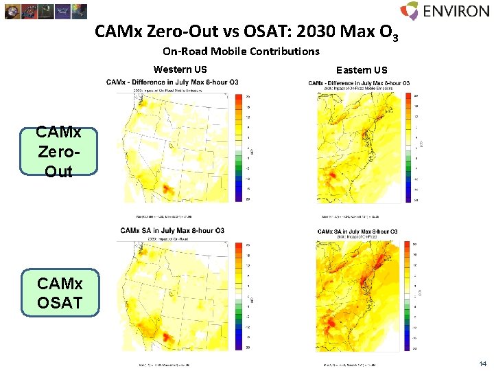 CAMx Zero-Out vs OSAT: 2030 Max O 3 On-Road Mobile Contributions Western US Eastern