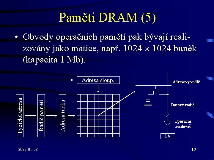 Paměti DRAM (5) • Obvody operačních pamětí pak bývají realizovány jako matice, např. 1024