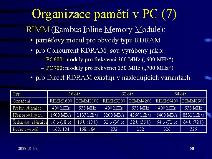 Organizace pamětí v PC (7) – RIMM (Rambus Inline Memory Module): • paměťový modul