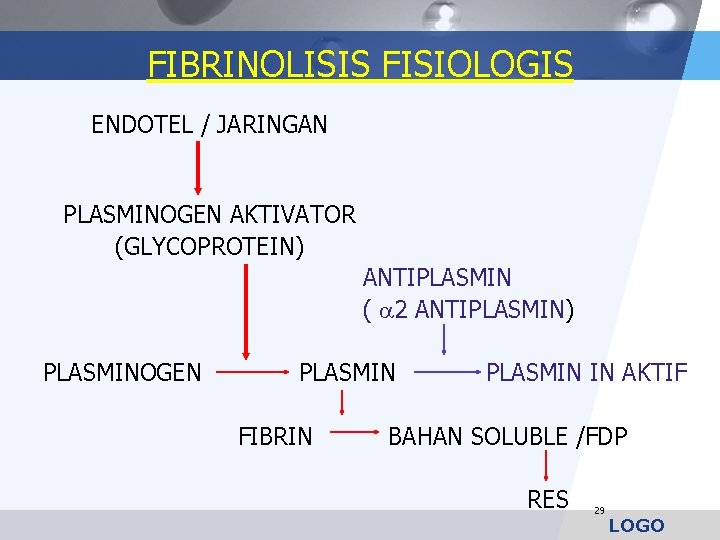 FIBRINOLISIS FISIOLOGIS ENDOTEL / JARINGAN PLASMINOGEN AKTIVATOR (GLYCOPROTEIN) ANTIPLASMIN ( 2 ANTIPLASMIN) PLASMINOGEN PLASMIN