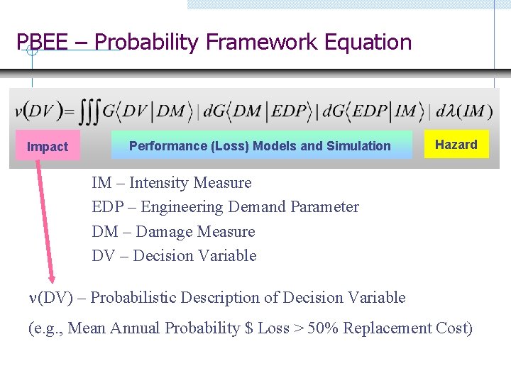 PBEE – Probability Framework Equation Impact Performance (Loss) Models and Simulation Hazard IM –