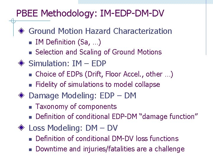 PBEE Methodology: IM-EDP-DM-DV Ground Motion Hazard Characterization n n IM Definition (Sa, …) Selection