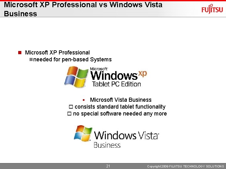 Microsoft XP Professional vs Windows Vista Business n Microsoft XP Professional nneeded for pen-based