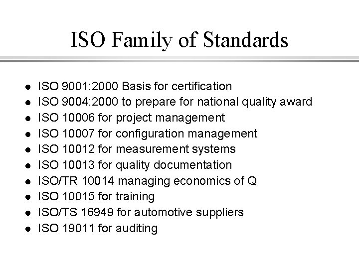ISO Family of Standards l l l l l ISO 9001: 2000 Basis for