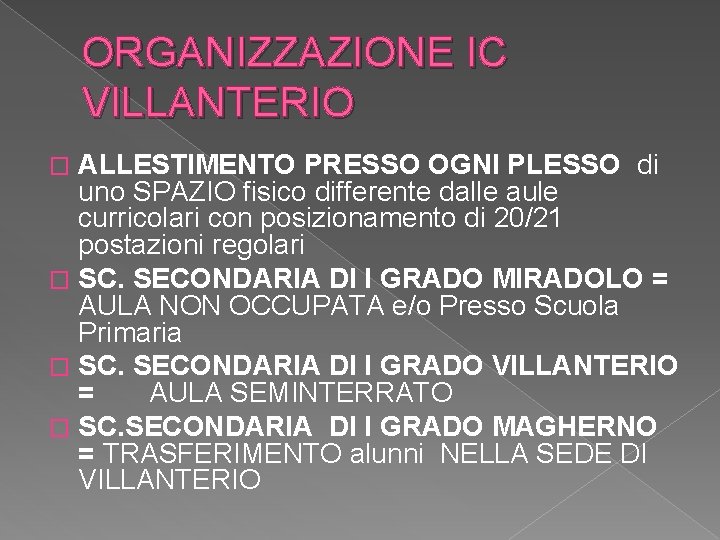 ORGANIZZAZIONE IC VILLANTERIO ALLESTIMENTO PRESSO OGNI PLESSO di uno SPAZIO fisico differente dalle aule