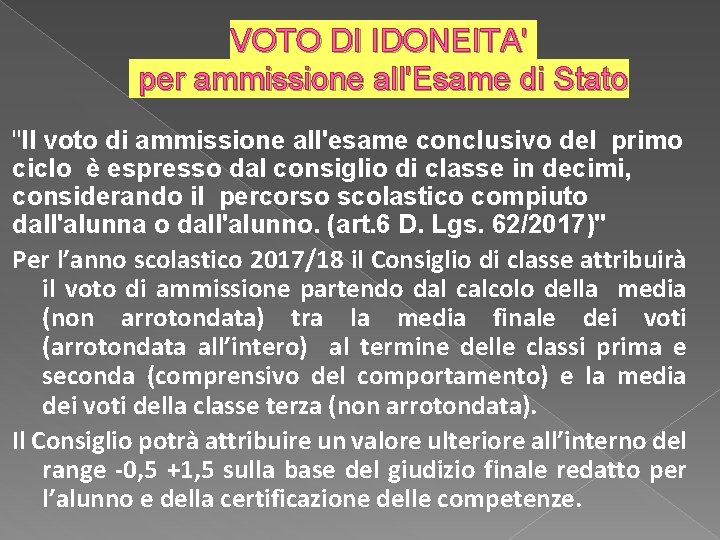 VOTO DI IDONEITA' per ammissione all'Esame di Stato "Il voto di ammissione all'esame conclusivo