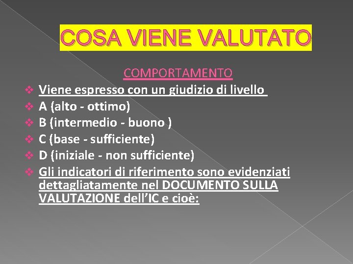 COSA VIENE VALUTATO v v v COMPORTAMENTO Viene espresso con un giudizio di livello