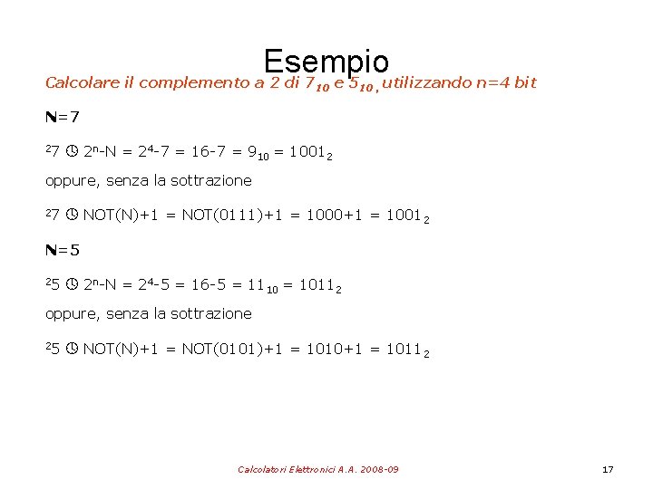 Esempio Calcolare il complemento a 2 di 7 e 5 utilizzando n=4 bit 10