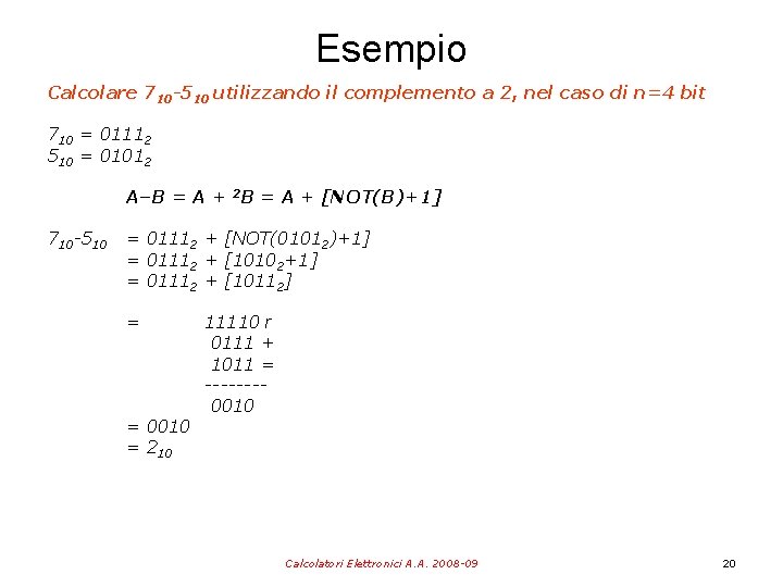 Esempio Calcolare 710 -510 utilizzando il complemento a 2, nel caso di n=4 bit