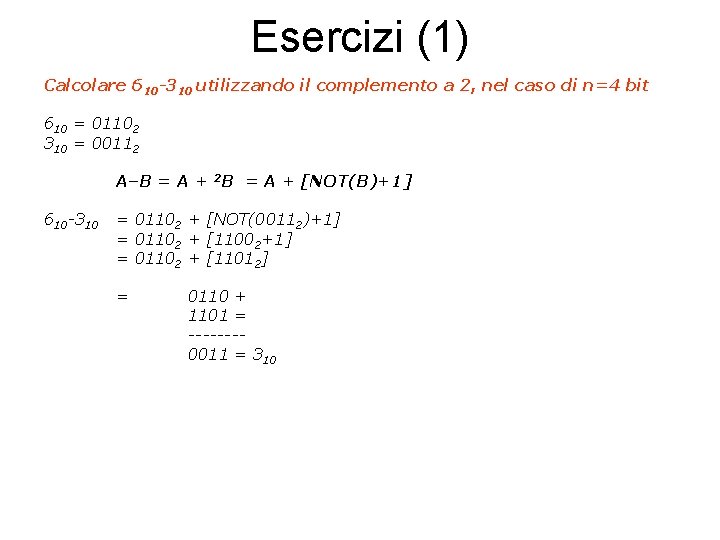 Esercizi (1) Calcolare 610 -310 utilizzando il complemento a 2, nel caso di n=4