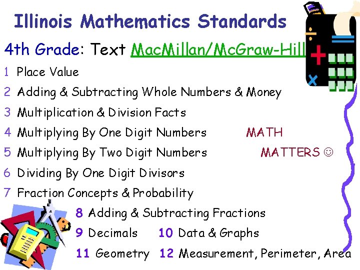 Illinois Mathematics Standards 4 th Grade: Text Mac. Millan/Mc. Graw-Hill 1 Place Value 2
