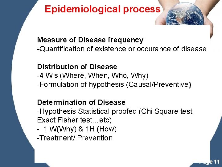 Epidemiological process Measure of Disease frequency -Quantification of existence or occurance of disease Distribution