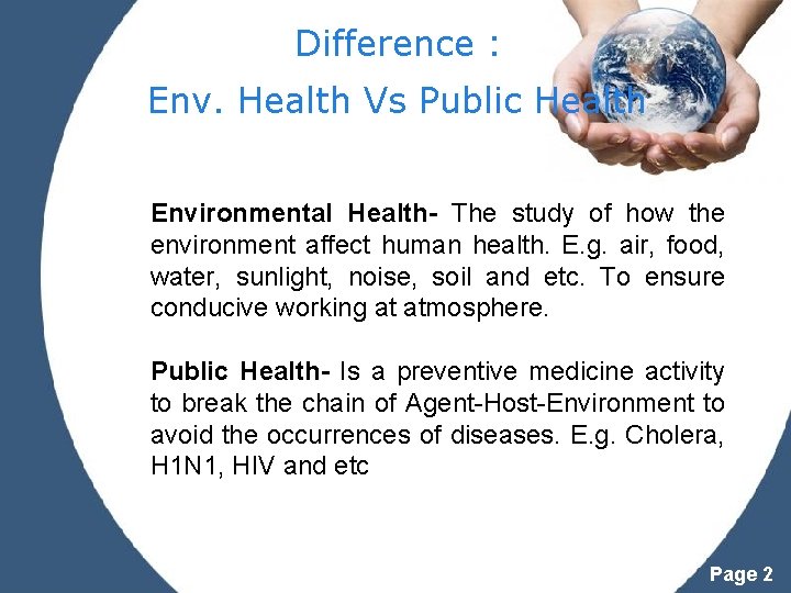 Difference : Env. Health Vs Public Health Environmental Health- The study of how the