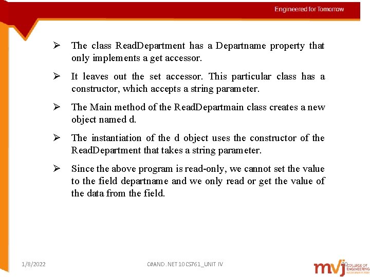 Ø The class Read. Department has a Departname property that only implements a get