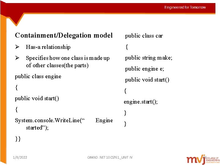 Containment/Delegation model public class car Ø Has-a relationship { Ø Specifies how one class