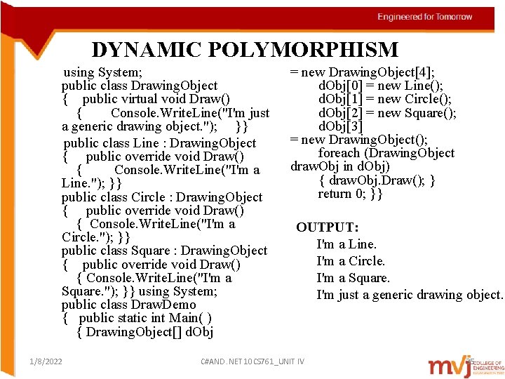 DYNAMIC POLYMORPHISM using System; public class Drawing. Object { public virtual void Draw() {