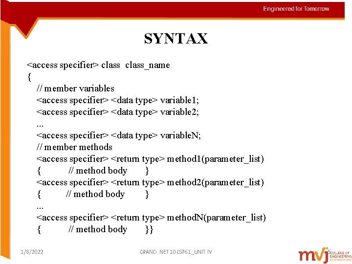 SYNTAX <access specifier> class_name { // member variables <access specifier> <data type> variable 1;