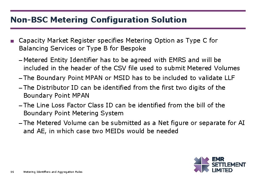 Non-BSC Metering Configuration Solution ■ Capacity Market Register specifies Metering Option as Type C