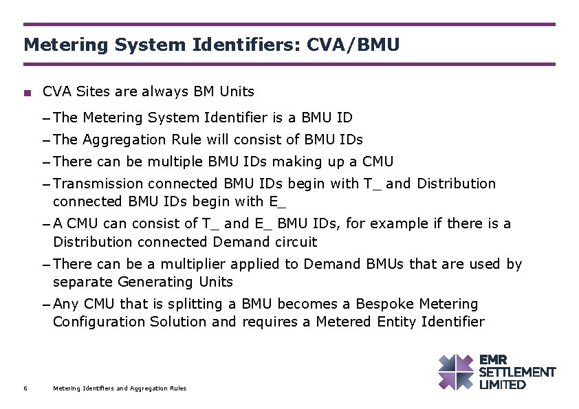 Metering System Identifiers: CVA/BMU ■ CVA Sites are always BM Units – The Metering