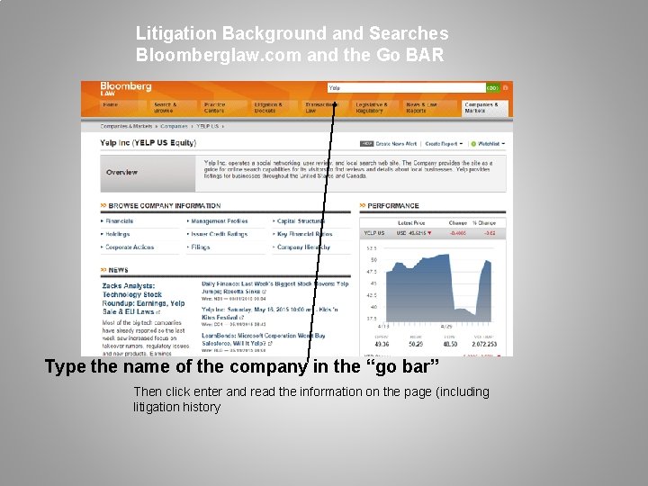 Litigation Background and Searches Bloomberglaw. com and the Go BAR Type the name of