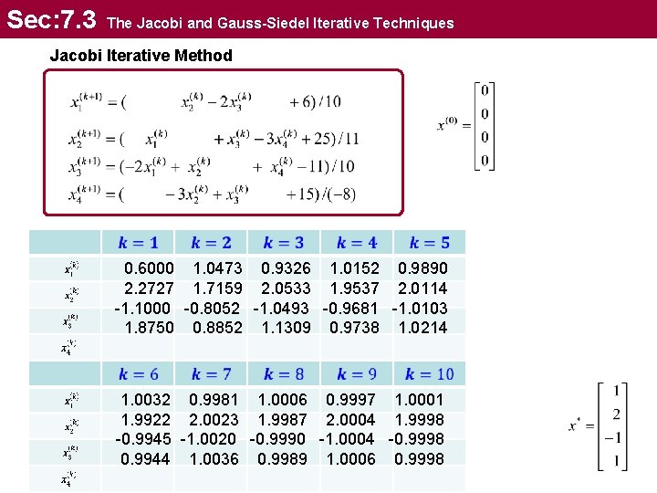 Sec: 7. 3 The Jacobi and Gauss-Siedel Iterative Techniques Jacobi Iterative Method 0. 6000
