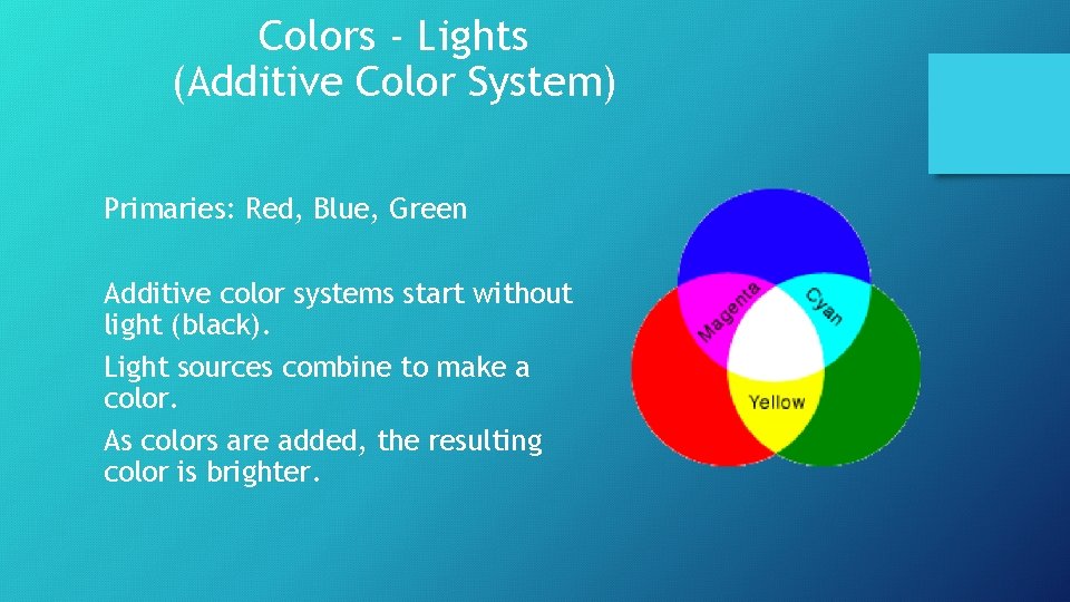 Colors - Lights (Additive Color System) Primaries: Red, Blue, Green Additive color systems start