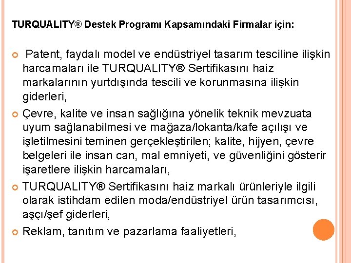 TURQUALITY® Destek Programı Kapsamındaki Firmalar için: Patent, faydalı model ve endüstriyel tasarım tesciline ilişkin