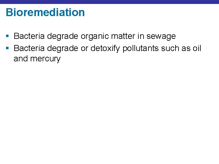 Bioremediation § Bacteria degrade organic matter in sewage § Bacteria degrade or detoxify pollutants