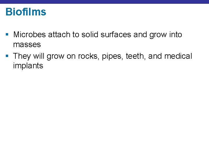 Biofilms § Microbes attach to solid surfaces and grow into masses § They will