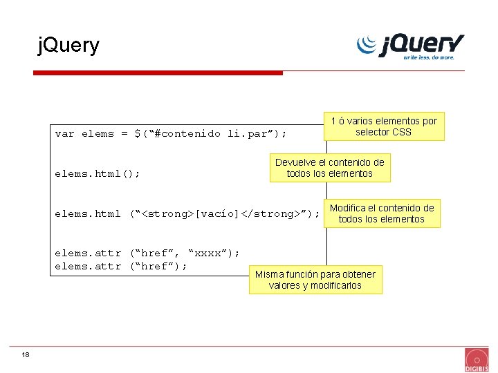 j. Query var elems = $(“#contenido li. par”); elems. html(); Devuelve el contenido de
