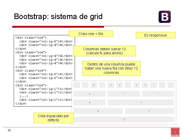 Bootstrap: sistema de grid Class row = fila <div class="row"> <div class="col-lg-8">8</div> <div class="col-lg-4">4</div>